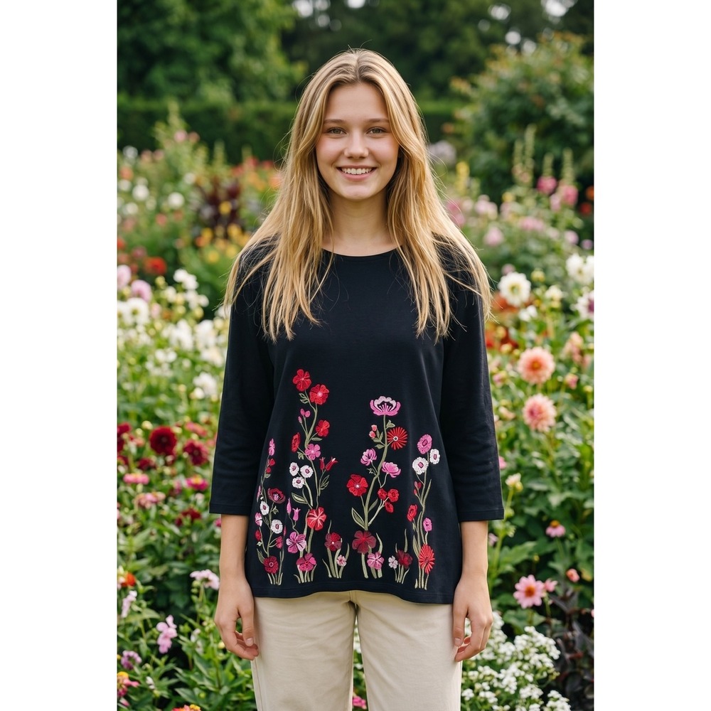 Womens Black 3/4 Sleeve Knit Top Floral Embroidered Hem Crew Neck Tee 2X